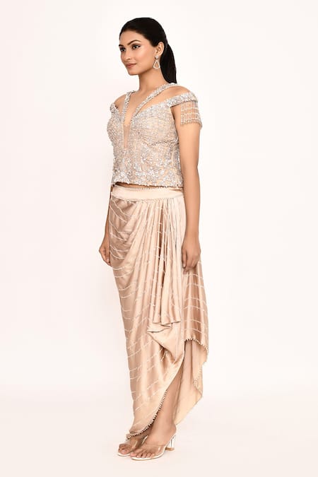 Buy_Eeksha_Peach Silk Embroidery, Tassels V-neck Floral Top With Draped Skirt _Online_at_Aza_Fashions