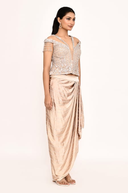 Shop_Eeksha_Peach Silk Embroidery, Tassels V-neck Floral Top With Draped Skirt _Online_at_Aza_Fashions