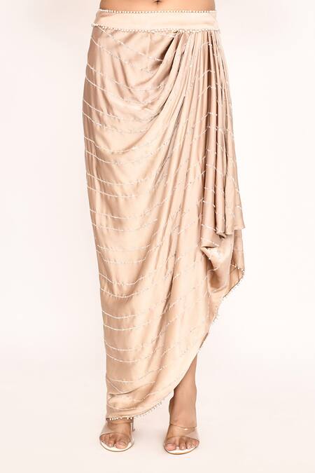 Eeksha_Peach Silk Embroidery, Tassels V-neck Floral Top With Draped Skirt _at_Aza_Fashions