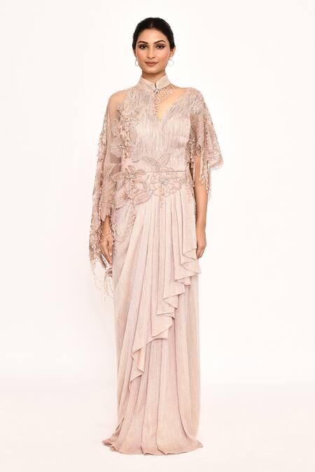 Eeksha_Pink Silk Floral Embroidered Draped Saree Gown _Online_at_Aza_Fashions