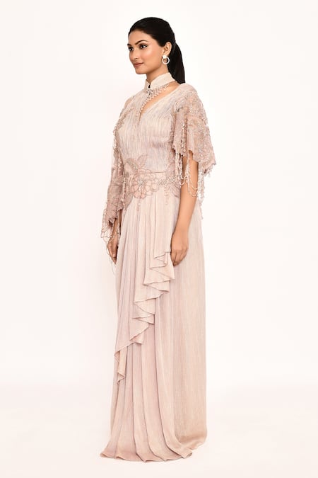 Buy_Eeksha_Pink Silk Floral Embroidered Draped Saree Gown _Online_at_Aza_Fashions