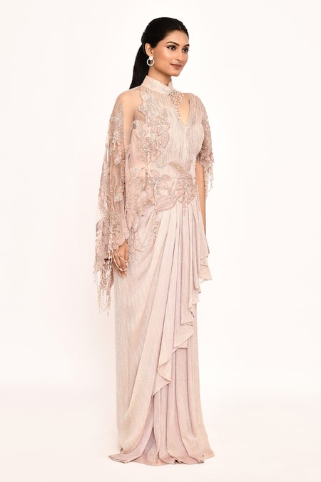 Shop_Eeksha_Pink Silk Floral Embroidered Draped Saree Gown _Online_at_Aza_Fashions
