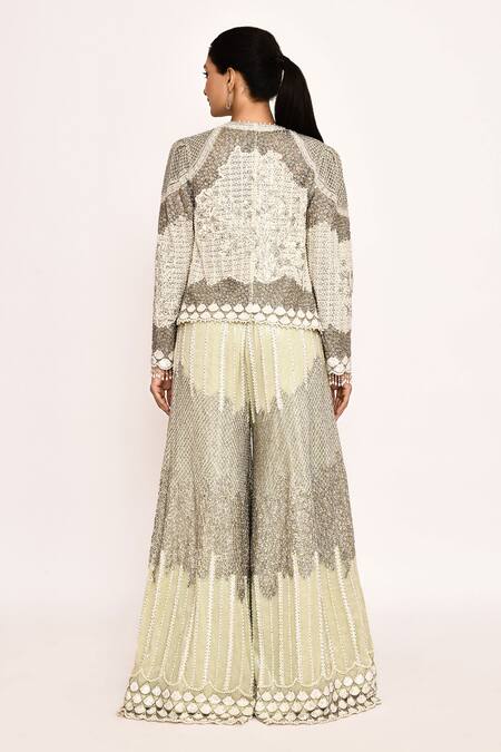 Shop_Eeksha_Green Silk, Chiffon Sequins, Embroidery Round Neck Sharara Jacket Set _at_Aza_Fashions