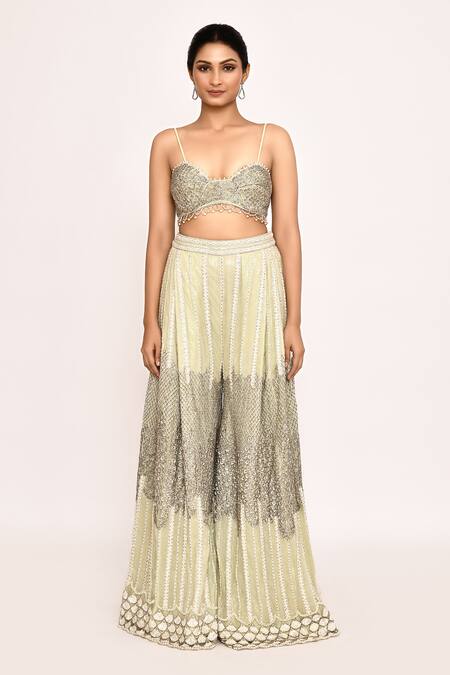 Eeksha_Green Silk, Chiffon Sequins, Embroidery Round Neck Sharara Jacket Set _Online_at_Aza_Fashions