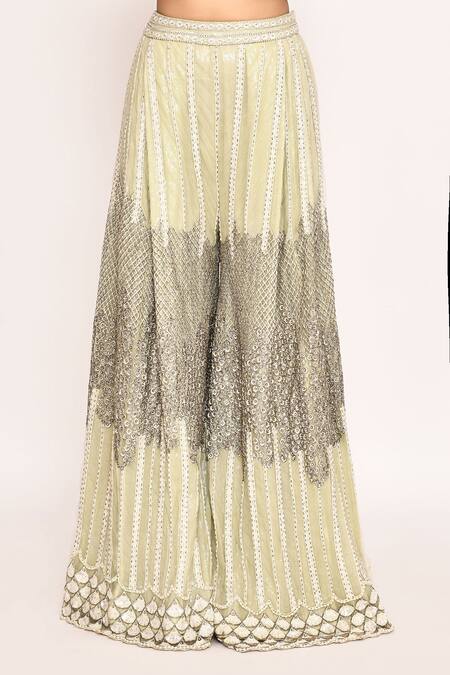 Buy_Eeksha_Green Silk, Chiffon Sequins, Embroidery Round Neck Sharara Jacket Set _Online_at_Aza_Fashions