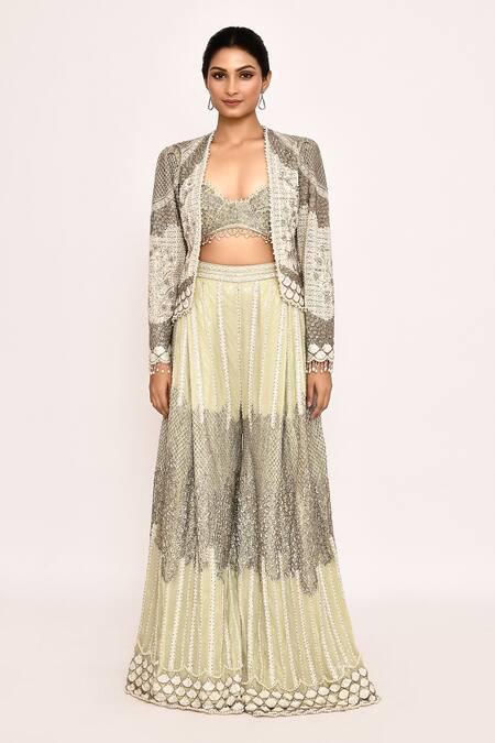 Shop_Eeksha_Green Silk, Chiffon Sequins, Embroidery Round Neck Sharara Jacket Set _Online_at_Aza_Fashions