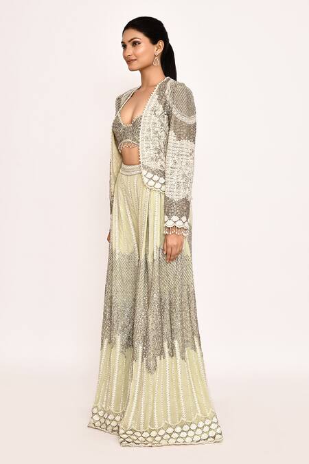 Eeksha_Green Silk, Chiffon Sequins, Embroidery Round Neck Sharara Jacket Set _at_Aza_Fashions