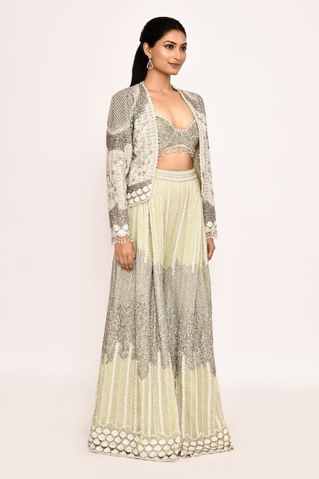 Buy_Eeksha_Green Silk, Chiffon Sequins, Embroidery Round Neck Sharara Jacket Set 