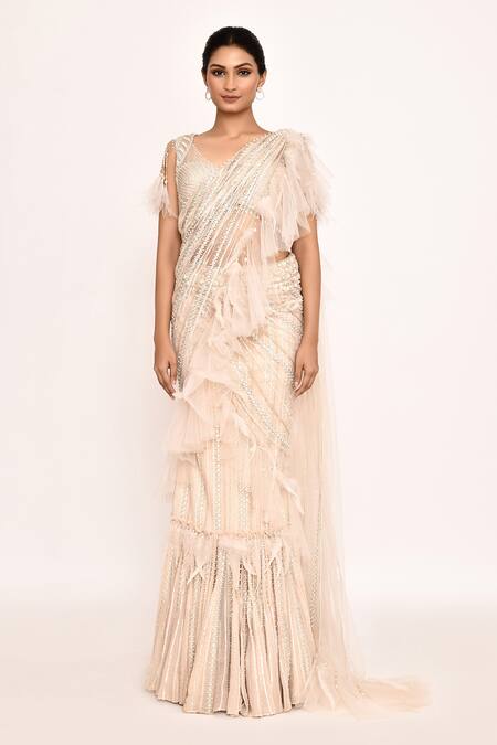 Eeksha_Peach Georgette, Silk Tassels, Embroidery Ruffle Pre-draped Saree With Blouse _Online_at_Aza_Fashions