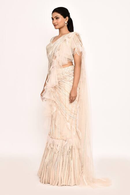Buy_Eeksha_Peach Georgette, Silk Tassels, Embroidery Ruffle Pre-draped Saree With Blouse _Online_at_Aza_Fashions