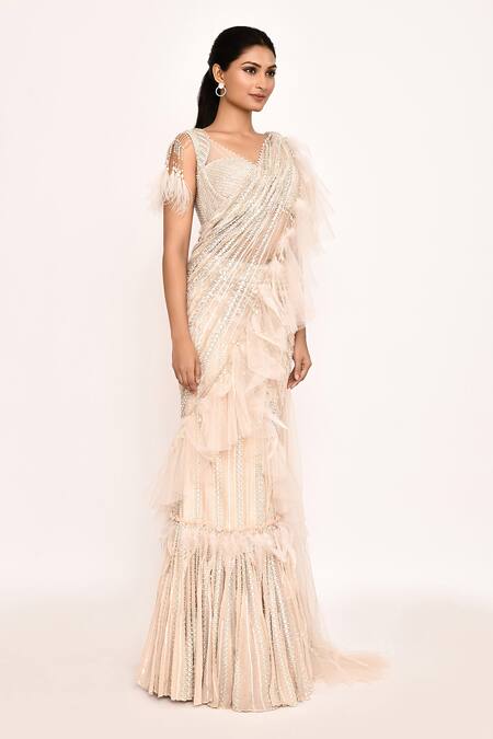 Shop_Eeksha_Peach Georgette, Silk Tassels, Embroidery Ruffle Pre-draped Saree With Blouse _Online_at_Aza_Fashions