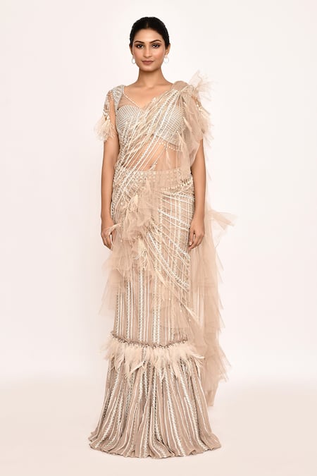 Eeksha_Beige Georgette Tassels, Embroidery V-neck Pre-draped Ruffle Saree With Blouse _Online_at_Aza_Fashions