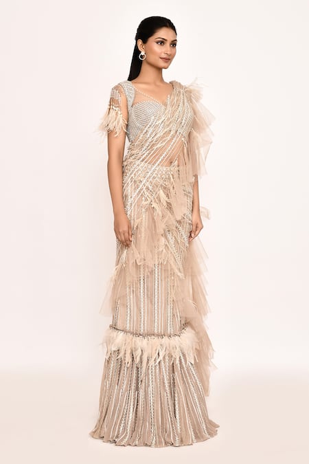 Shop_Eeksha_Beige Georgette Tassels, Embroidery V-neck Pre-draped Ruffle Saree With Blouse _Online_at_Aza_Fashions