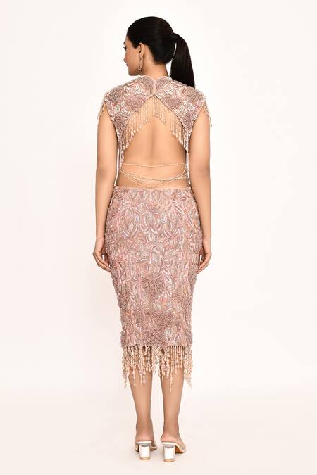 Shop_Eeksha_Pink Embroidered Floral Band Neck Backless Dress _at_Aza_Fashions