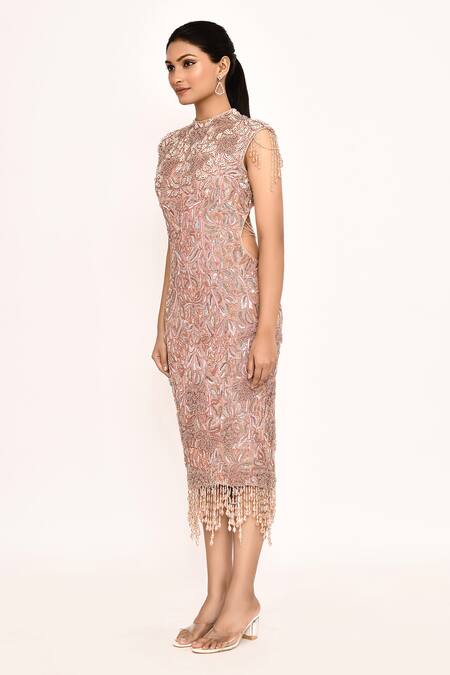 Buy_Eeksha_Pink Embroidered Floral Band Neck Backless Dress _Online_at_Aza_Fashions