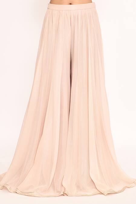 Eeksha_Peach Georgette, Chiffon Embroidery Bandeau Neck Sharara Set With Draped Skirt _Online_at_Aza_Fashions