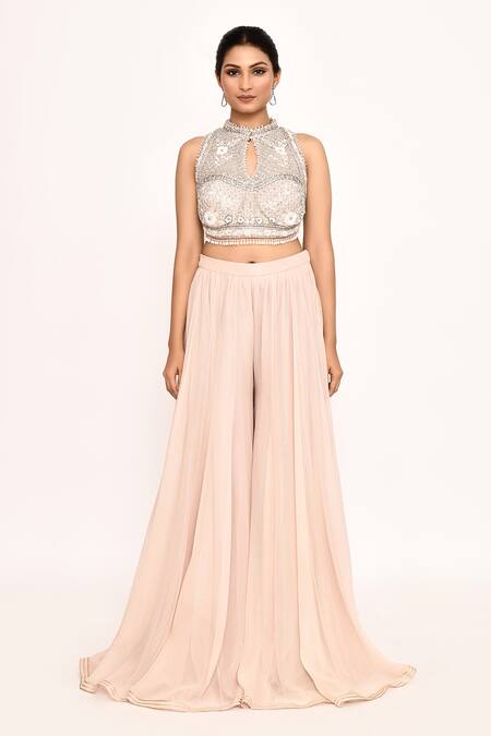 Buy_Eeksha_Peach Georgette, Chiffon Embroidery Bandeau Neck Sharara Set With Draped Skirt _Online_at_Aza_Fashions