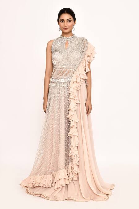 Shop_Eeksha_Peach Georgette, Chiffon Embroidery Bandeau Neck Sharara Set With Draped Skirt _Online_at_Aza_Fashions
