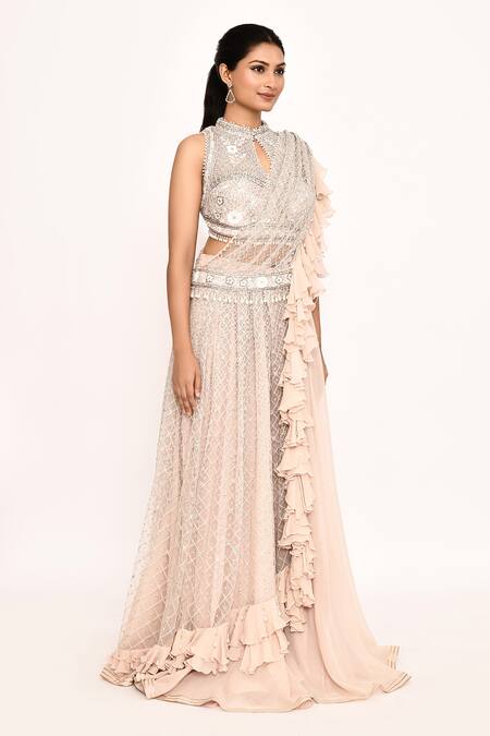 Eeksha_Peach Georgette, Chiffon Embroidery Bandeau Neck Sharara Set With Draped Skirt _at_Aza_Fashions