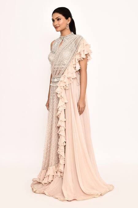 Buy_Eeksha_Peach Georgette, Chiffon Embroidery Bandeau Neck Sharara Set With Draped Skirt 