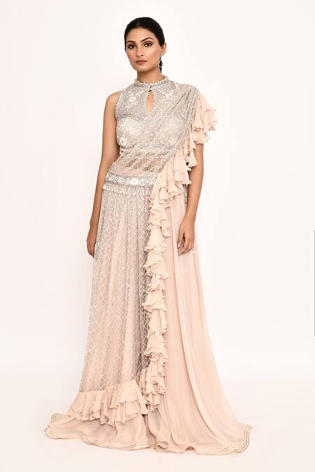 Shop_Eeksha_Peach Georgette, Chiffon Embroidery Bandeau Neck Sharara Set With Draped Skirt 