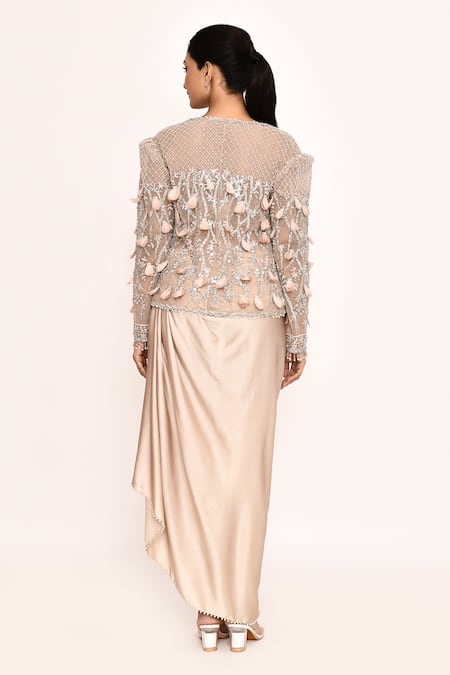 Eeksha Feather Embellished Jacket & Draped Skirt Set 