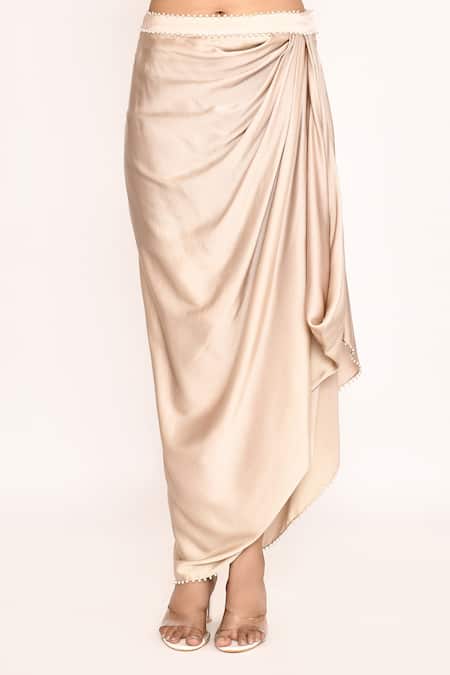 Buy_Eeksha_Beige Chiffon, Silk Sequins, Feathers Embellished Jacket And Draped Skirt Set _Online_at_Aza_Fashions