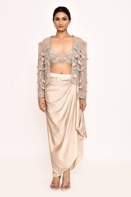 Shop_Eeksha_Beige Chiffon, Silk Sequins, Feathers Embellished Jacket And Draped Skirt Set _Online_at_Aza_Fashions