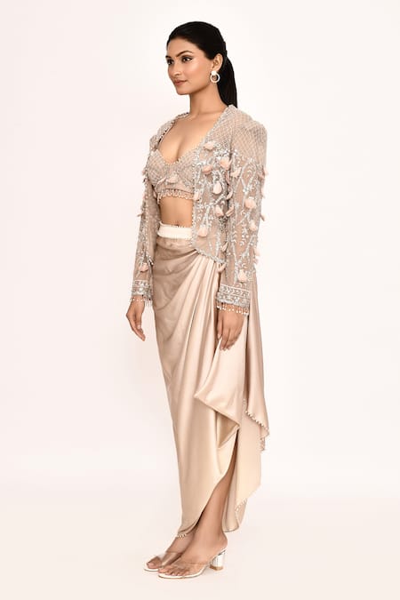 Eeksha_Beige Chiffon, Silk Sequins, Feathers Embellished Jacket And Draped Skirt Set _at_Aza_Fashions