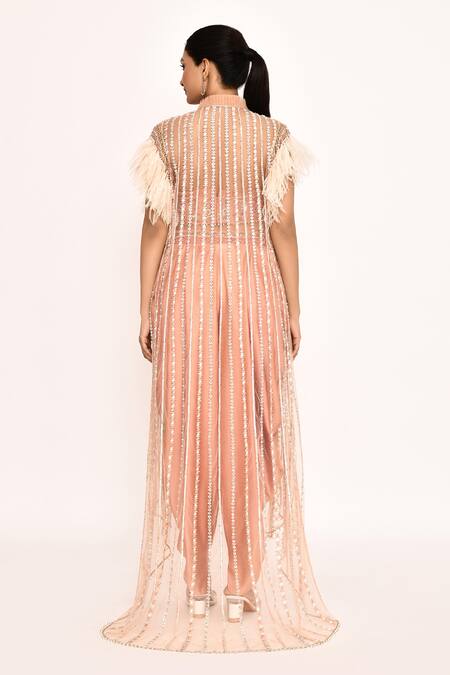 Shop_Eeksha_Peach Silk Feathers, Embroidery Round Neck Cape And Dhoti Pant Set _at_Aza_Fashions