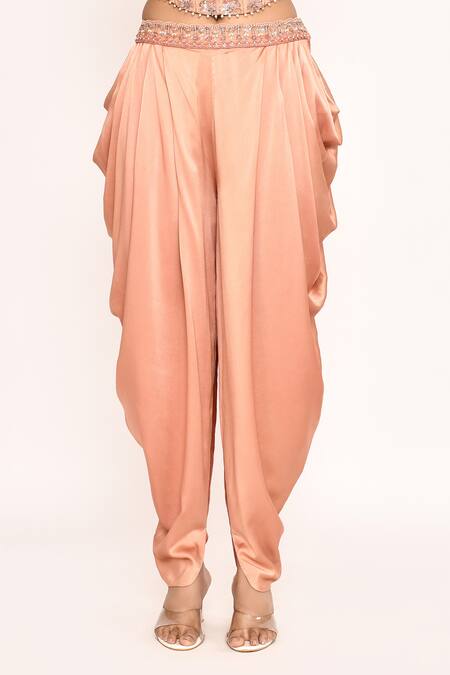 Eeksha_Peach Silk Feathers, Embroidery Round Neck Cape And Dhoti Pant Set _Online_at_Aza_Fashions