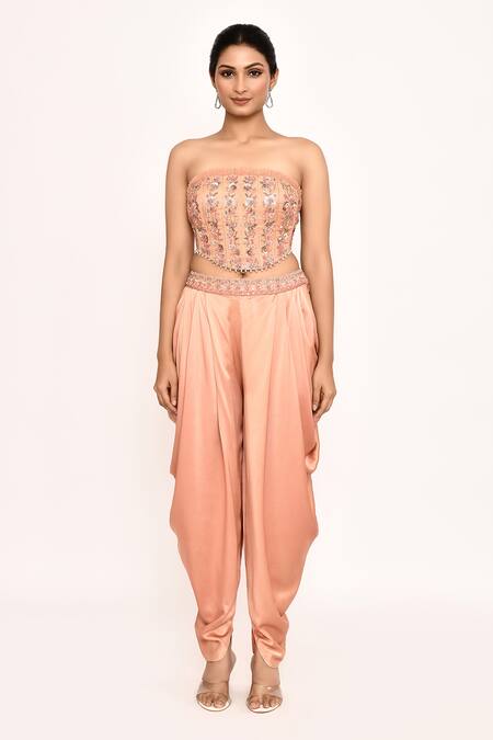 Buy_Eeksha_Peach Silk Feathers, Embroidery Round Neck Cape And Dhoti Pant Set _Online_at_Aza_Fashions