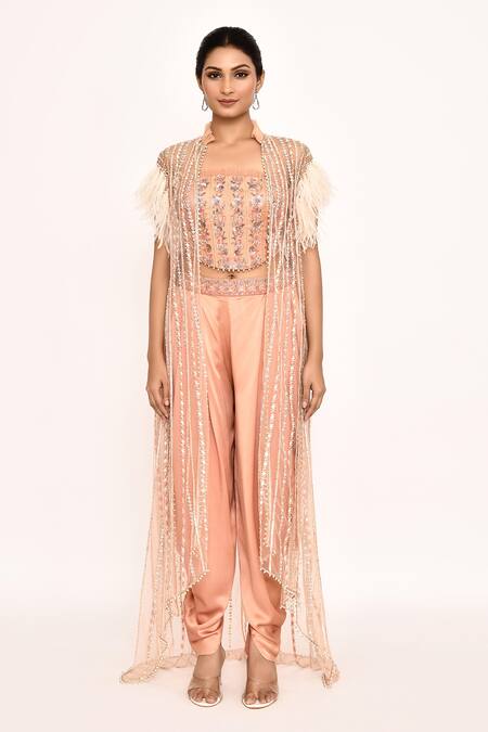 Shop_Eeksha_Peach Silk Feathers, Embroidery Round Neck Cape And Dhoti Pant Set _Online_at_Aza_Fashions