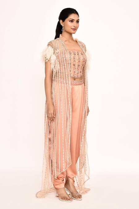 Eeksha_Peach Silk Feathers, Embroidery Round Neck Cape And Dhoti Pant Set _at_Aza_Fashions