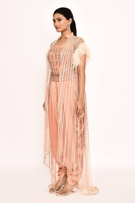 Buy_Eeksha_Peach Silk Feathers, Embroidery Round Neck Cape And Dhoti Pant Set 