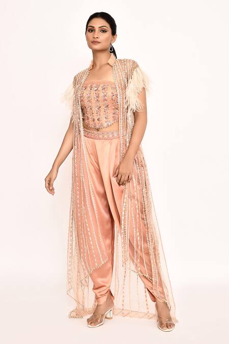 Shop_Eeksha_Peach Silk Feathers, Embroidery Round Neck Cape And Dhoti Pant Set 