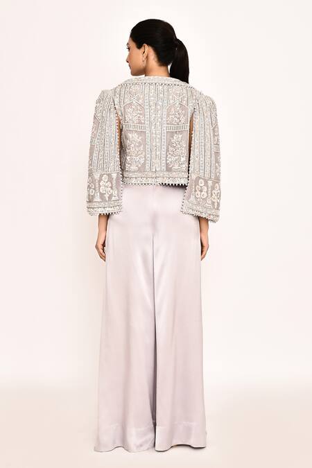 Shop_Eeksha_Purple Georgette, Silk Embroidery Round Neck Jacket Sharara Set _at_Aza_Fashions