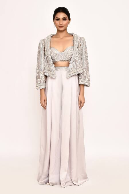 Shop_Eeksha_Purple Georgette, Silk Embroidery Round Neck Jacket Sharara Set _Online_at_Aza_Fashions