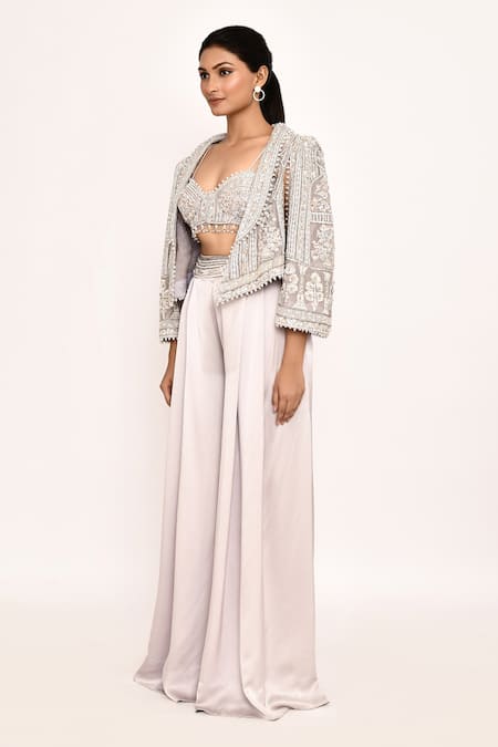 Eeksha_Purple Georgette, Silk Embroidery Round Neck Jacket Sharara Set _at_Aza_Fashions