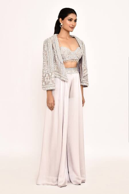 Buy_Eeksha_Purple Georgette, Silk Embroidery Round Neck Jacket Sharara Set 