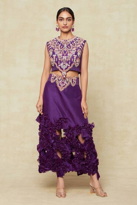 Anamika Khanna Purple Silk Applique, Embroidery Round Neck Skirt Cape Set at Aza Fashions Anamika Khanna_Purple Silk Applique, Embroidery Round Neck Skirt Cape Set_at_Aza_Fashions