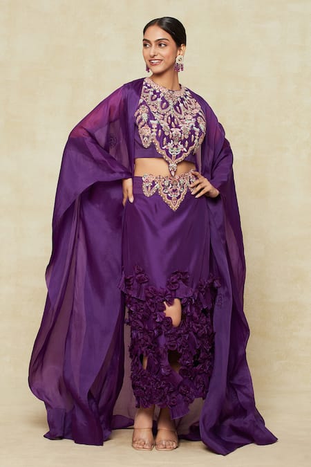 Buy Anamika Khanna Purple Silk Applique, Embroidery Round Neck Skirt Cape Set Buy_Anamika Khanna_Purple Silk Applique, Embroidery Round Neck Skirt Cape Set