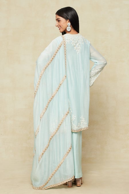 Anamika Khanna Floral Embroidered Kurta Draped Skirt Set 