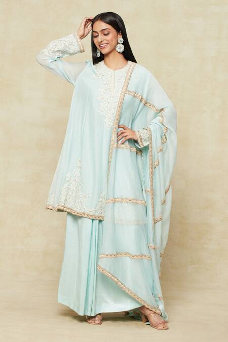 Anamika Khanna Blue Cotton Embroidery Round Neck Floral Kurta Draped Skirt Set at Aza Fashions Anamika Khanna_Blue Cotton Embroidery Round Neck Floral Kurta Draped Skirt Set_at_Aza_Fashions