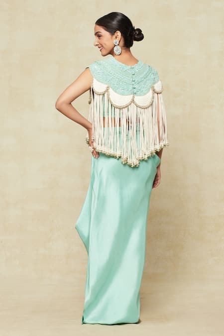 Shop Anamika Khanna Blue Silk Tassels, Beads Round Neck Embroidered Cape And Draped Skirt Set at Aza Fashions Shop_Anamika Khanna_Blue Silk Tassels, Beads Round Neck Embroidered Cape And Draped Skirt Set_at_Aza_Fashions