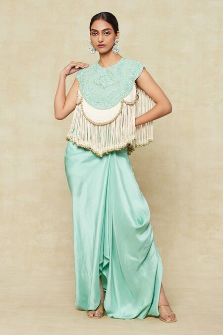 Buy Anamika Khanna Blue Silk Tassels, Beads Round Neck Embroidered Cape And Draped Skirt Set Buy_Anamika Khanna_Blue Silk Tassels, Beads Round Neck Embroidered Cape And Draped Skirt Set