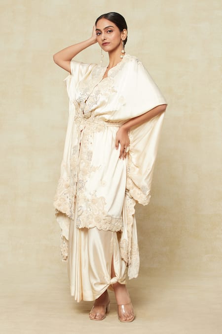 Anamika Khanna_Off White Silk Sequins, Beads Paisley Embroidered Kaftan And Draped Skirt Set_at_Aza_Fashions