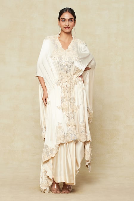 Buy_Anamika Khanna_Off White Silk Sequins, Beads Paisley Embroidered Kaftan And Draped Skirt Set