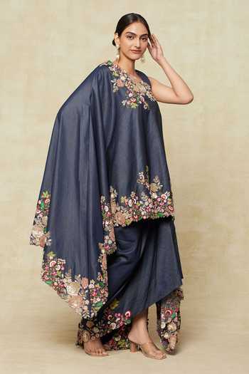 Anamika Khanna Blue Cotton Embroidery Round Neck Floral Cape And Draped Skirt Set at Aza Fashions Anamika Khanna_Blue Cotton Embroidery Round Neck Floral Cape And Draped Skirt Set _at_Aza_Fashions