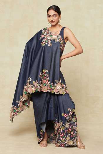 Buy Anamika Khanna Blue Cotton Embroidery Round Neck Floral Cape And Draped Skirt Set Buy_Anamika Khanna_Blue Cotton Embroidery Round Neck Floral Cape And Draped Skirt Set